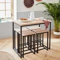 Set table haute rectangulaire LOFT avec 4 tabourets de bar, acier et décor bois, encastrable, design