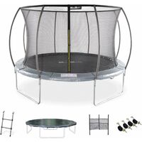 Trampoline rond Ø 370cm gris - Saturne Inner XXL – trampoline de jardin avec filet de protection intérieur, échelle, bâche, filet pour chaussures et kit d'ancrage - Gris