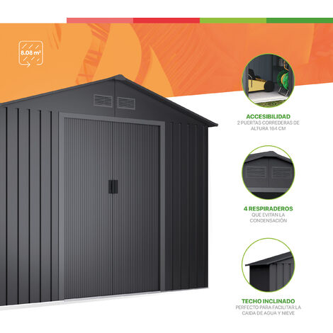 Wasabi Caseta Metálica de Jardín 8,08m2 Light Anthracite – 4 Rejillas Anticondensación – Antracita - Puerta Corredera Doble – Techo a Dos Aguas - 258x313x202cm