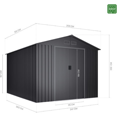Wasabi Caseta Metálica de Jardín 8,08m2 Light Anthracite – 4 Rejillas Anticondensación – Antracita - Puerta Corredera Doble – Techo a Dos Aguas - 258x313x202cm