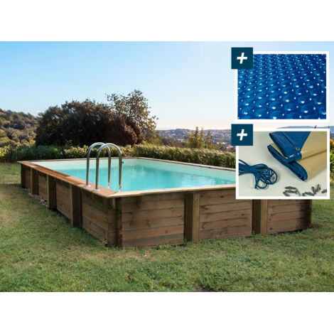 Piscina rectangular de madera "Tampa" - 7.20 x 4.20 x 1.44 m - Cubierta de burbujas 400 µ - Cubierta de invierno 280 g/m²