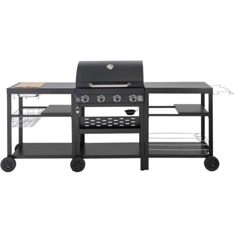 Barbacoa de gas para cocina exterior - 12 kW - 4 fuegos - Negro
