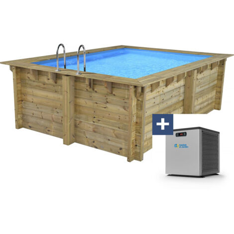 Piscina rectangular de madera "Caimans" - 4,10 x 3,00 x 1,24 m + Mini bomba de calor 3,5kW - Metal - Gris
