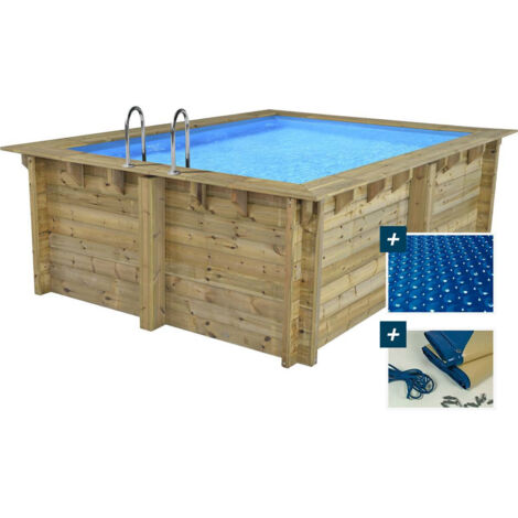 Piscina rectangular de madera "Caimans" - 4,10 x 3,00 x 1,24 m + cubierta de burbujas de 180 µ - cubierta de invierno de 280 g/m²