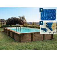 Piscina rectangular de madera "Tampa" - 7.20 x 4.20 x 1.44 m - Cubierta de burbujas 400 µ - Cubierta de invierno 280 g/m²