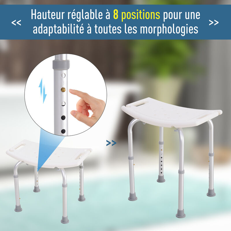 HOMCOM Siège de douche tabouret de douche de bain hauter réglable charge  136 kg aide pour personnes âgées blessées enceintes alliage d'aluminium 52  x 30 x 39-51 cm blanc