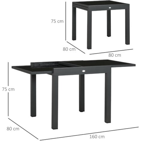 Table extensible de jardin grande taille dim. dépliées 160L x 80l x 75H cm alu métal époxy anthracite plateau verre trempé noir