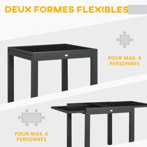 Table extensible de jardin grande taille dim. dépliées 160L x 80l x 75H cm alu métal époxy anthracite plateau verre trempé noir