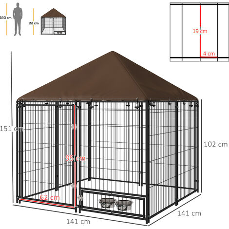 Chenil extérieur pour chiens en métal et tissu oxford avec support gamelle et toit résistant aux intempéries espace spacieux 141L x 141l x 151H cm noir