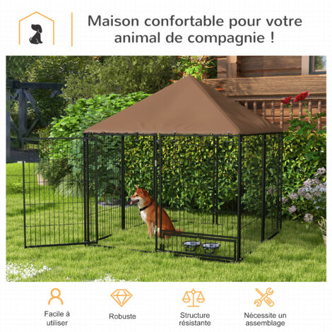 Chenil extérieur pour chiens en métal et tissu oxford avec support gamelle et toit résistant aux intempéries espace spacieux 141L x 141l x 151H cm noir