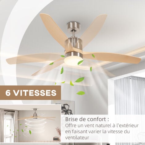 Ventilateur de plafond réversible avec lumière LED 6 vitesses silencieux - télécommande - dia. 132 cm - naturel