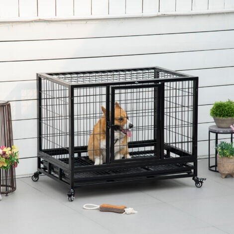Cage pour chien animaux cage de transport sur roulettes 2 portes noir