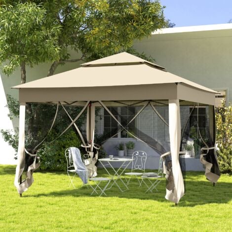 Tonnelle barnum automatique pop-up 3 x 3 m métal polyester imperméabilisé anti UV moustiquaires sac transport beige