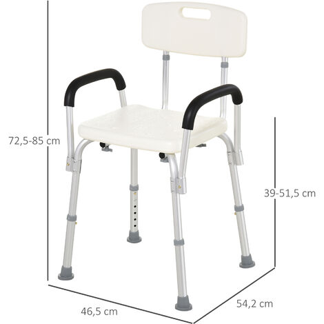 Chaise de douche siège de douche ergonomique hauteur réglable pieds antidérapants dossier accoudoirs amovibles charge max. 136 Kg alu HDPE blanc