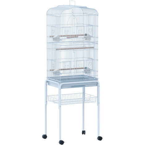 Cage à oiseaux sur roulettes multi-accessoires mangeoires perchoirs bac amovible 48 x 37 x 153 cm blanc - Blanc