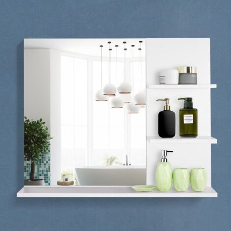 Miroir de salle de bain avec étagères - 2 étagères latérales + grande étagère inférieure - kit installation fourni - MDF blanc