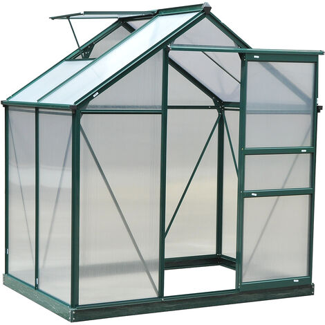 Serre de jardin aluminium polycarbonate 2,51 m² dim. 1,9L x 1,32l x 2,01H m lucarne, porte coulissante + fondation incluse alu. vert polycarbonate transparent