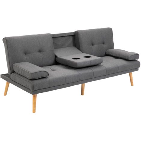 Homcom – Canapé convertible 3 places scandinave – Dossier inclinable 3 positions – Accoudoirs amovibles – Bois massif et lin gris foncé