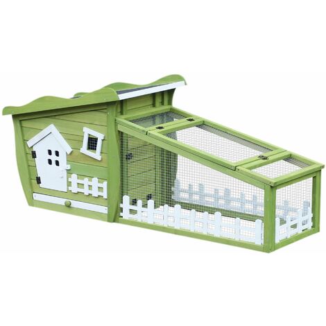 Clapier cage à lapins style cabane et pré dim. 156L x 65l x 65H cm multi-équipement bois massif pin vert blanc - Vert