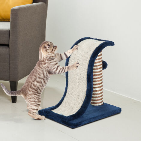 Griffoir Design Vague Avec Tronc Et Boule Suspendue Peluche Et Sisal Pour Chats Bleu Bleu