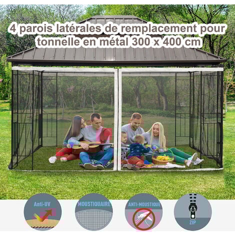 Moustiquaires pour tonnelle barnum pavillon de jardin 3 x 4 m - lot de 4 moustiquaires zippées + crochets d'attaches - polyester nylon