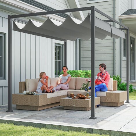 Pergola rétractable OUTSUNNY - 2,98L x 2,13l x 2,22H m - Structure métal époxy anticorrosion - Toile polyester haute densité 180 g/m² incluse - Gris