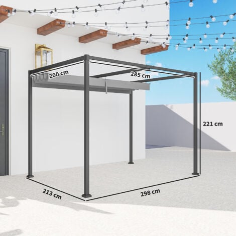 Pergola rétractable OUTSUNNY - 2,98L x 2,13l x 2,22H m - Structure métal époxy anticorrosion - Toile polyester haute densité 180 g/m² incluse - Gris