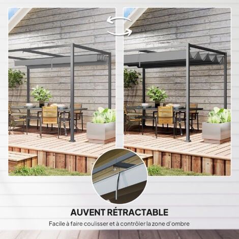 Pergola rétractable OUTSUNNY - 2,98L x 2,13l x 2,22H m - Structure métal époxy anticorrosion - Toile polyester haute densité 180 g/m² incluse - Gris
