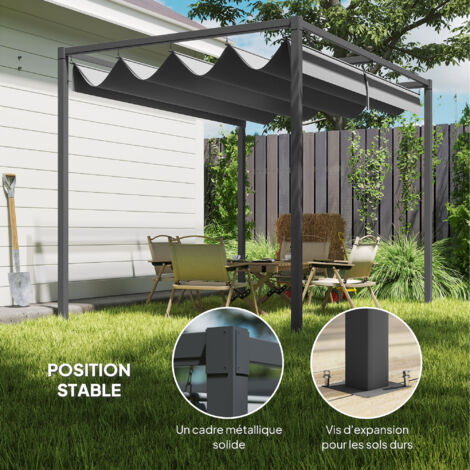 Pergola rétractable OUTSUNNY - 2,98L x 2,13l x 2,22H m - Structure métal époxy anticorrosion - Toile polyester haute densité 180 g/m² incluse - Gris