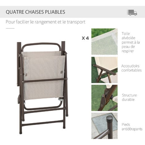 Ensemble salon de jardin 6 pcs - table ronde + 4 chaises pliables + parasol - acier époxy café textilène polyester beige