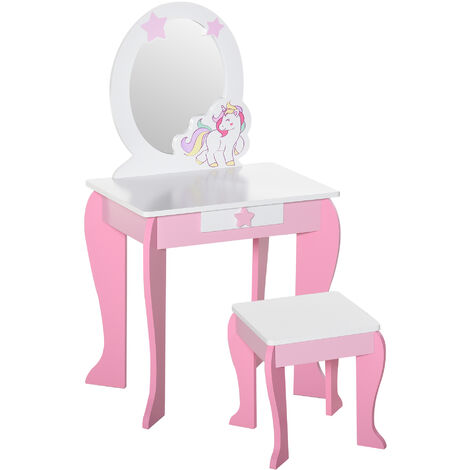 Coiffeuse enfant design licorne - tabouret inclus - dim. 49L x 34l x 90H cm - tiroir, miroir - MDF - rose blanc
