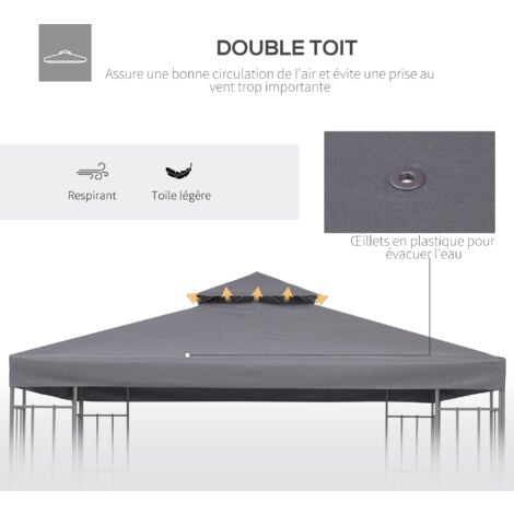 Toile de rechange pour pavillon tonnelle tente 3 x 3 m polyester haute densité 180 g/m² gris