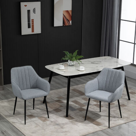 Chaises de visiteur design scandinave - lot de 2 chaises - pieds effilés métal noir - assise dossier accoudoirs ergonomiques lin gris