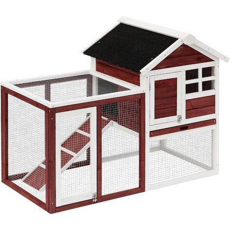 Clapier cage à lapins multi-équipé : niche supérieure avec rampe, plateau excrément, fenêtre + enclos extérieur sécurisé 2 portes 122L x 63l x 92H cm rouge brique - Rouge