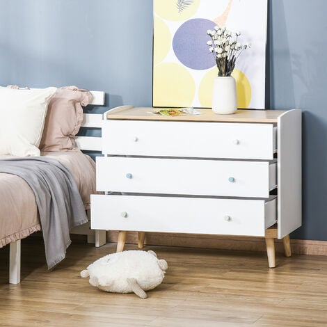 Commode 3 tiroirs design scandinave meuble de rangement chambre MDF blanc aspect chêne clair piètement effilé bois massif de pin