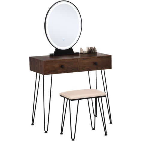 Coiffeuse design - miroir LED intégré - 2 tiroirs + 1 organisateur - tabouret inclus - métal noir MDF imitation bois noyer foncé - Marron