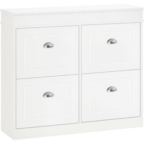 Homcom – Meuble à chaussures 4 portes abattantes – Rangement pour 32 paires – Dimensions 98L x 24l x 83H cm – MDF blanc moderne