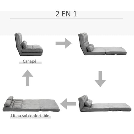 Chauffeuse - matelas d'appoint pliant - fauteuil convertible - inclinaison dossier réglable 14 positions - 2 coussins inclus - polyester aspect suédé gris