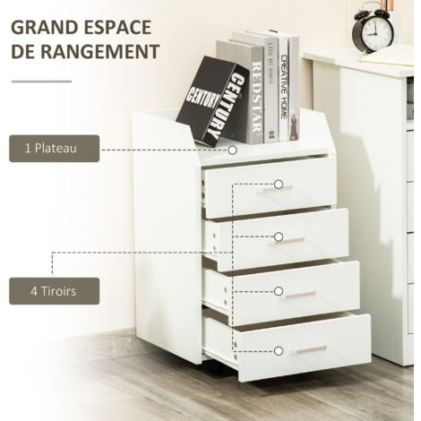 Vinsetto Caisson de bureau rangement bureau sur roulettes 4 tiroirs coulissants plateau à rebord MDF panneaux particules blanc