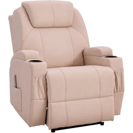 Homcom – Fauteuil relax électrique avec massage – Inclinaison dossier 165° – Revêtement synthétique PU crème – Garnissage mousse haute densité