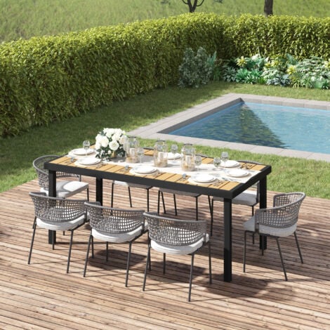 Table de jardin rectangulaire pour 8 personnes en aluminium plateau PE à lattes aspect bois dim. 190L x 90l x 74H cm noir