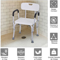 Chaise de douche siège de douche ergonomique hauteur réglable pieds antidérapants charge max. 135 Kg alu HDPE blanc - Blanc