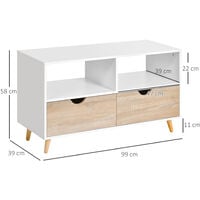 Meuble TV bas sur pieds style scandinave 2 tiroirs coloris chêne clair blanc - Blanc