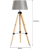 Lampadaire trépied hauteur réglable 65 x 65 x 99-143 cm lampe de sol 40 W bois style nordique gris - Gris
