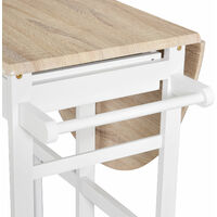Ensemble table de bar pliable sur roulettes avec étagère et 2 tiroirs + 2 tabourets bois pin MDF blanc chêne clair