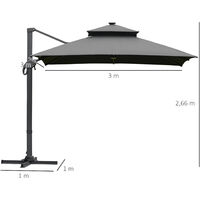 Parasol déporté rectangulaire parasol LED inclinable pivotant manivelle acier alu. dim. 3L x 3l x 2,66H m polyester gris - Gris