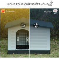 Niche chien style cottage dim. 91L x 69l x 66H cm petite porte grillagée + grande porte latérale verrouillable PP blanc gris noir - Blanc