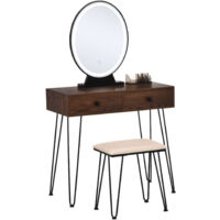 Coiffeuse design - miroir LED intégré - 2 tiroirs + 1 organisateur - tabouret inclus - métal noir MDF imitation bois noyer foncé - Marron