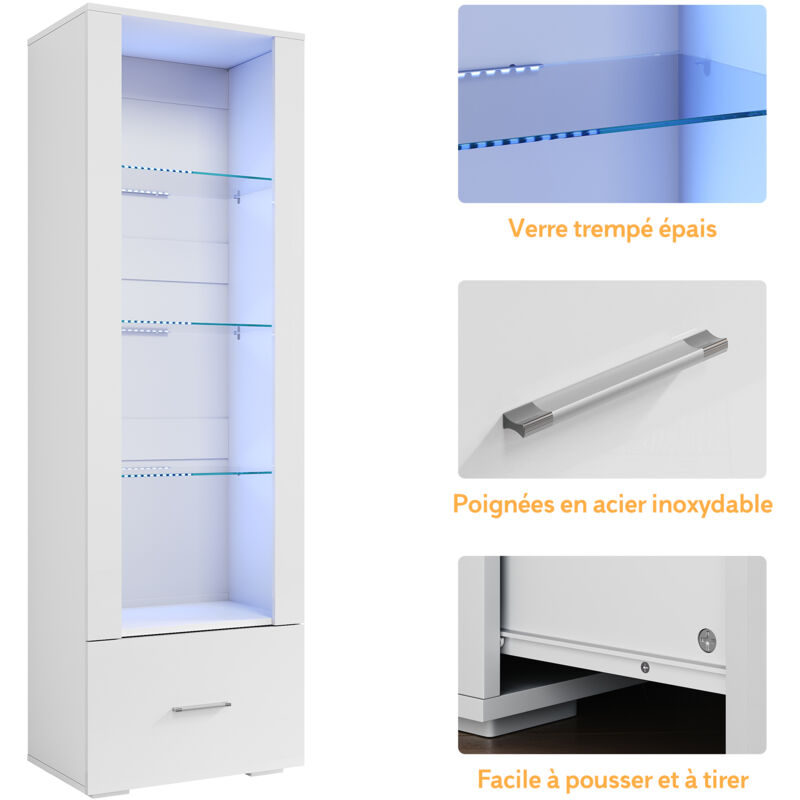 Vitrine Blanche Avec LED Et étagères En Verre - Bibliothèque/buffet Haut 180cm Pour Salon, Salle à Manger Ou Chambre - Design Moderne