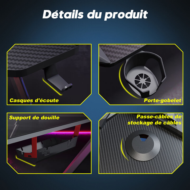 Bureau Gaming 140 cm LED Tapis souris graduit Gobelet Support Casque Porte  avec Tapis de souris étanche SIRHONA